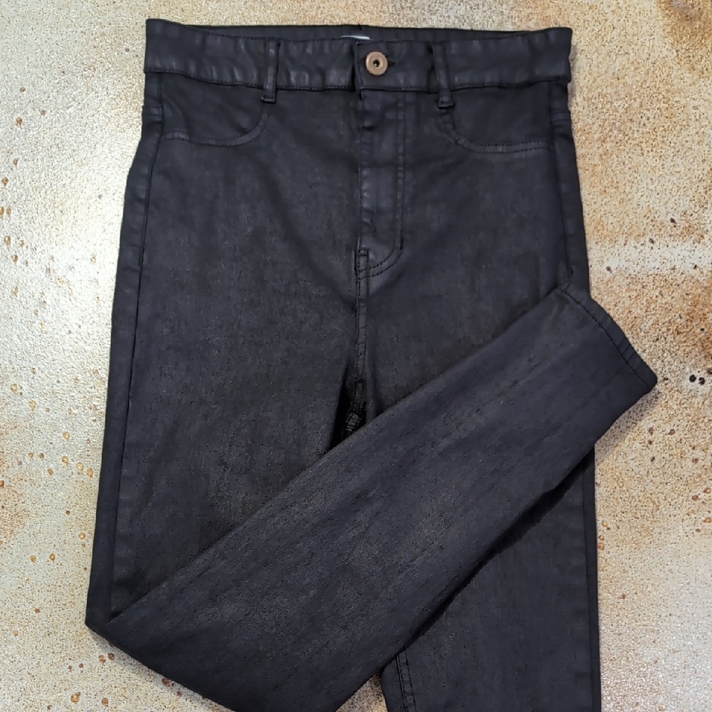 Zara | Black Wax Finish Denim Stretch High Waist Skinny Jeans Size 6